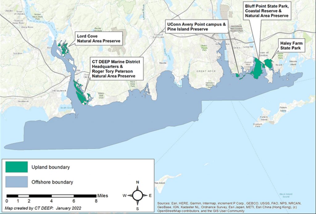 map showing the CT NERR estuaries along the Connecticut coastline